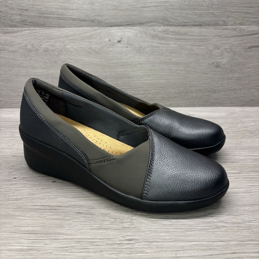 New Clarks Suttyn Walk Green Metallic Women's Slip On Wedge Shoes Size 7.5 M